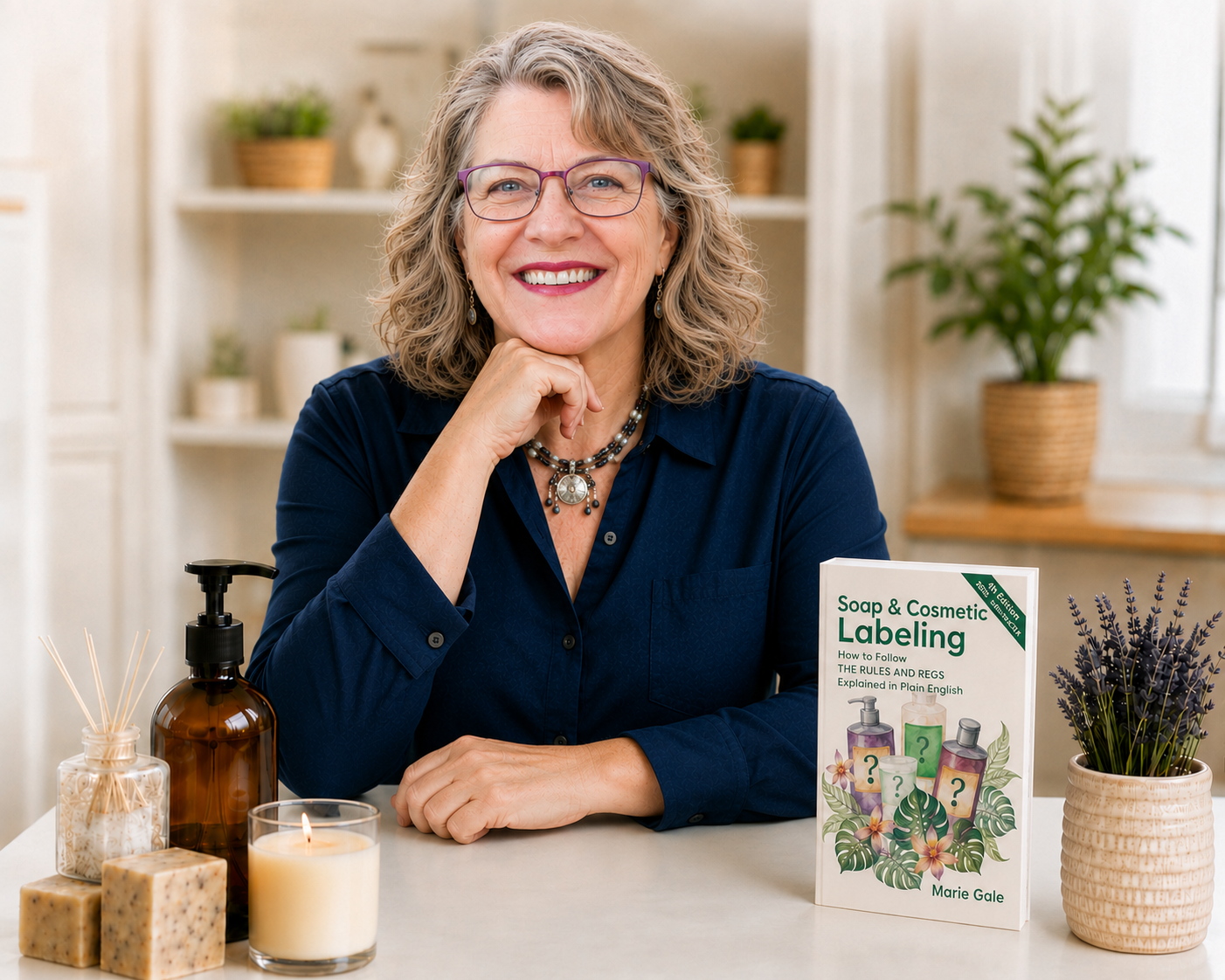 Marie Gale with her book, Soap & Cosmetic Labeling