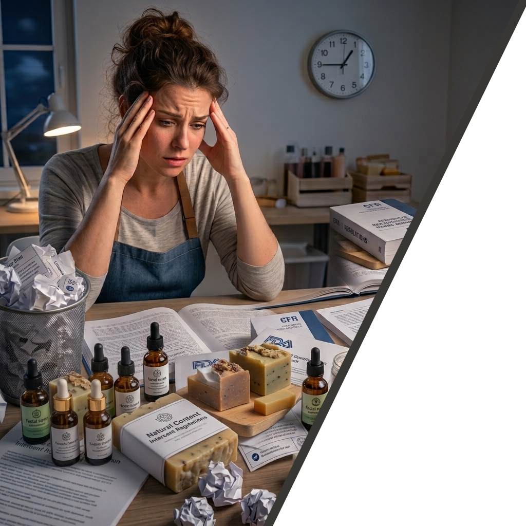 A soap maker at her desk at night, overwhelmed by regulations and paperwork