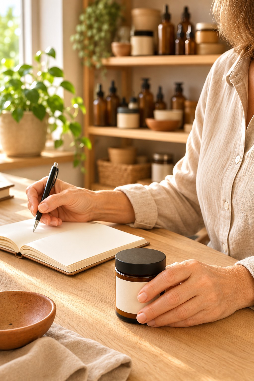 A soap and body-care maker at a sunlit wooden workbench, writing in an open
                notebook with one hand and holding a labelled amber jar in the other, with
                shelves of amber bottles and jars behind her.